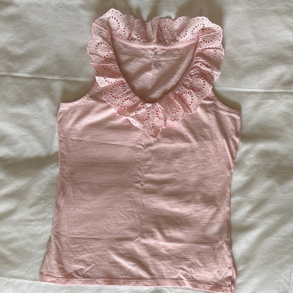 Pink Sleeveless Top with Lace Eyelet Collar, 100% cotton
